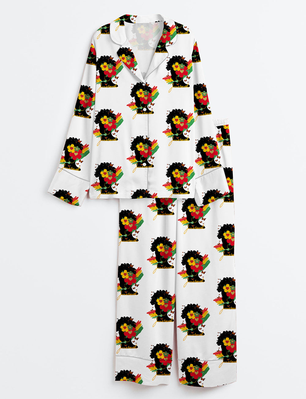 Women’s Afro Messy Bun Juneteenth Black Woman Freedom Long Sleeve Satin Pajama Set