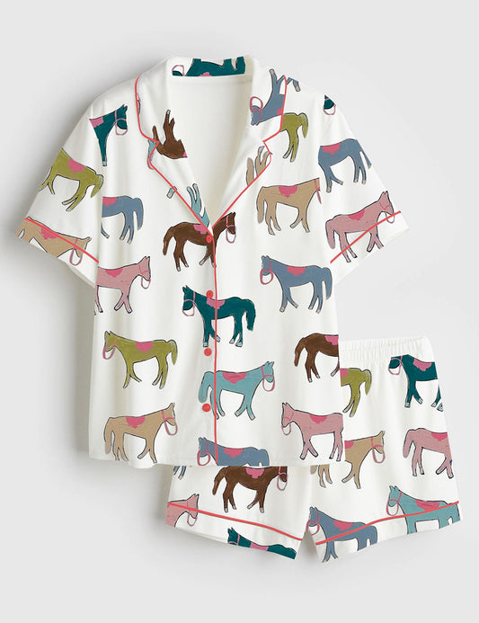 Women's Colorful Horses Short Sleeve Satin Pajama Set