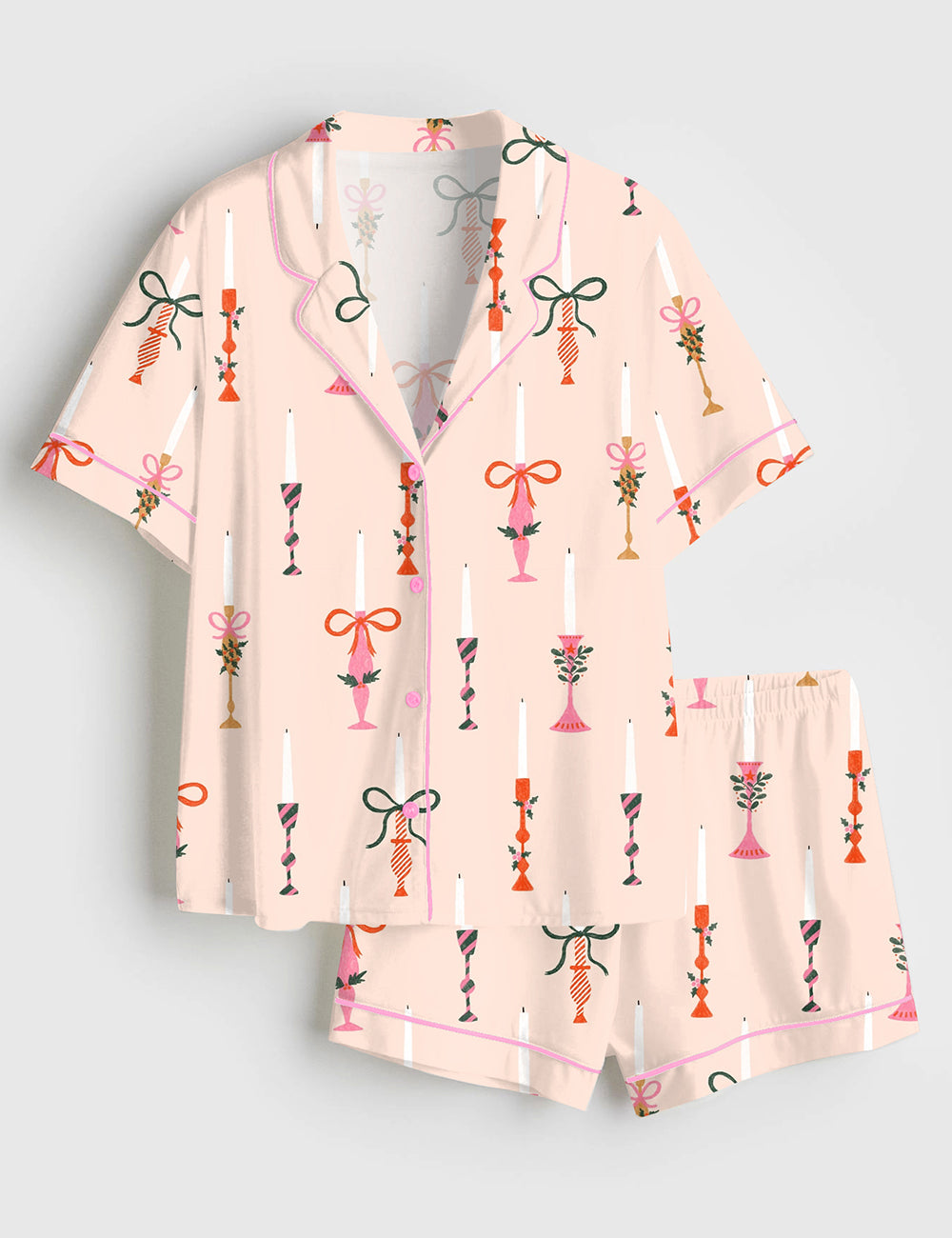 Women’s Christmas Candles Short Sleeve Satin Pajama Set