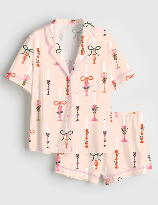 Women’s Christmas Candles Short Sleeve Satin Pajama Set
