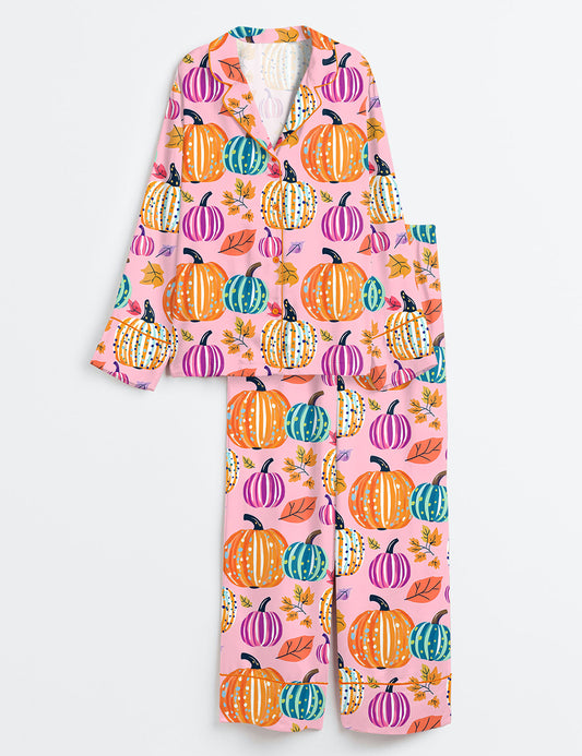 Women’s Preppy Painted Pumpkins Pastel Fall Pumpkin Cute Autumn Halloween Long Sleeve Satin Pajama Set