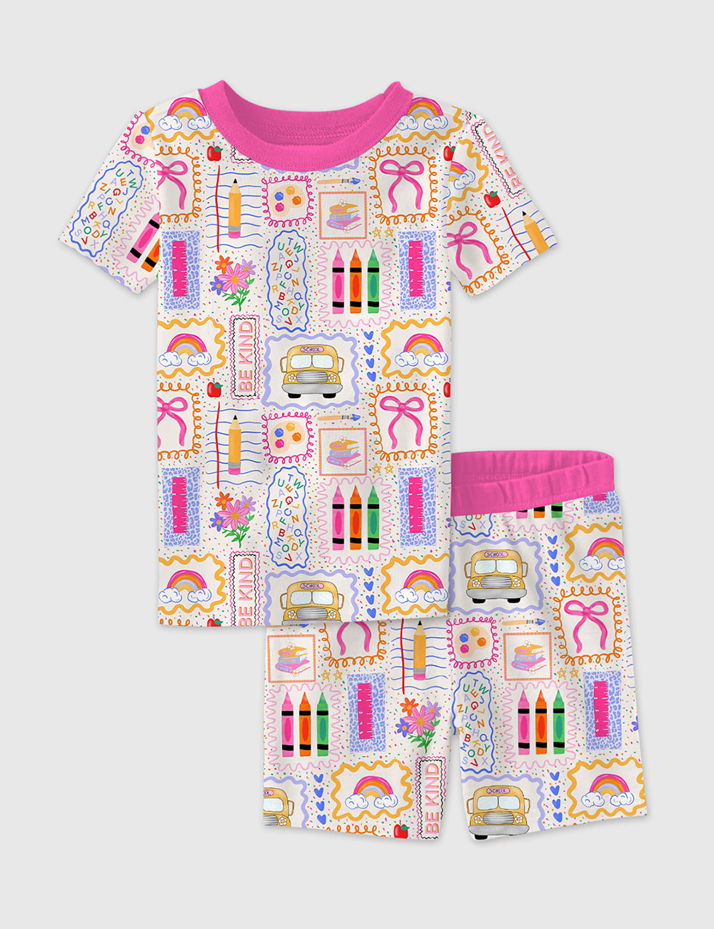 Kid's Back To School Trendy School Bus Colorful Bow Pencil Print Short Sleeve Pajama Set