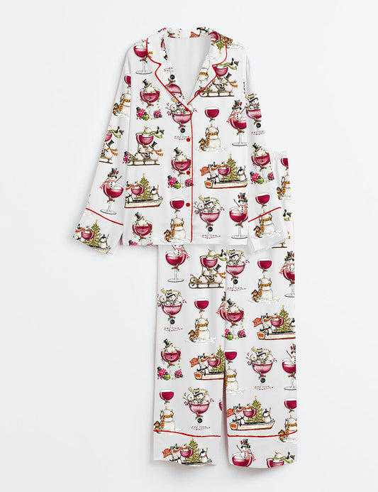 Women's Christmas Winey Snowman Long Sleeve Satin Pajama Set