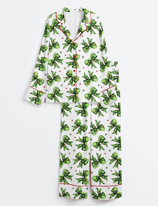 Women’s Whoville Grinchmas Coquette Bow Grinchmas Long Sleeve Satin Pajama Set