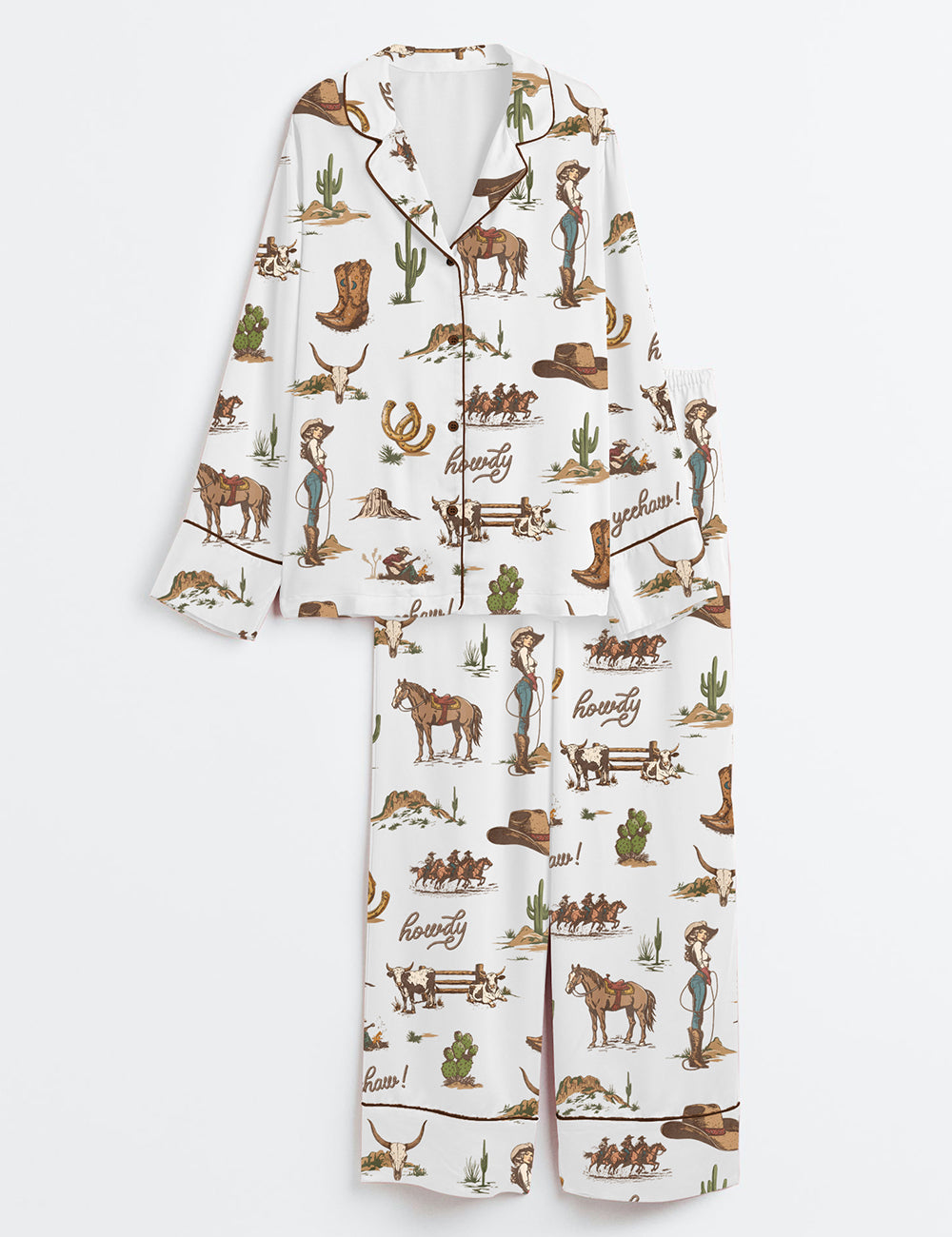 Women’s Rustic Americana Western Vintage Cowboy Long Sleeve Satin Pajama Set