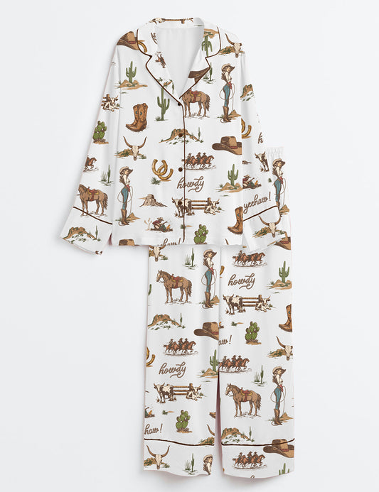 Women’s Rustic Americana Western Vintage Cowboy Long Sleeve Satin Pajama Set