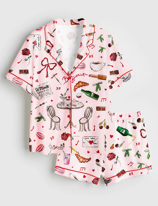 Women's Bonjour Print Short Sleeve Satin Pajama Set