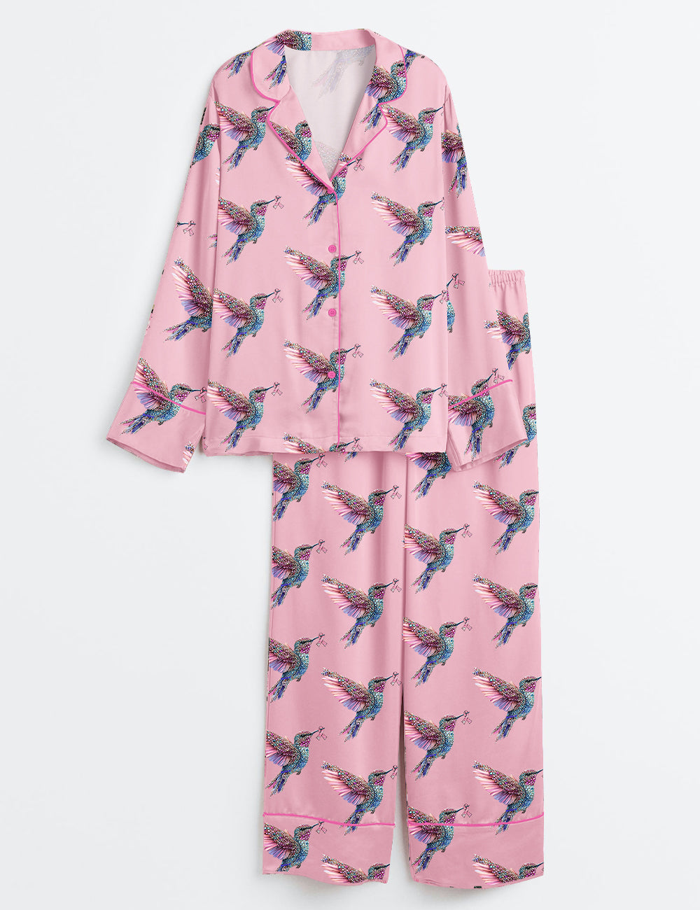 Women’s Shinny Pink Bird Breast Cancer Awareness Long Sleeve Satin Pajama Set