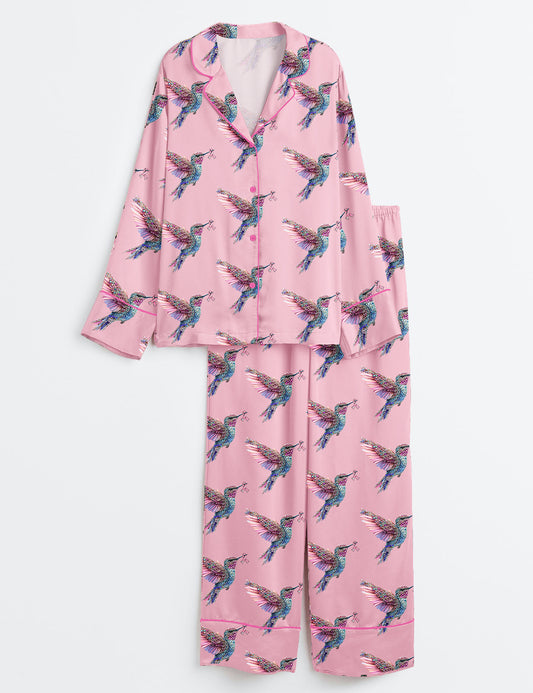 Women’s Shinny Pink Bird Breast Cancer Awareness Long Sleeve Satin Pajama Set