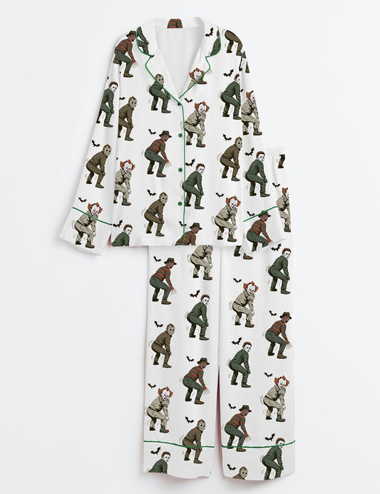 Women’s Halloween Twerk Or Treat Horror Characters Dancing Killer Long Sleeve Satin Pajama Set