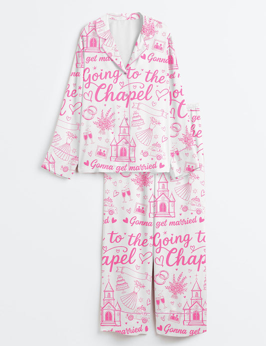 Women’s Retro Bachelorette Going To The Chapel Gonna Get Married Coquette Wedding Party Print Long Sleeve Satin Pajama Set