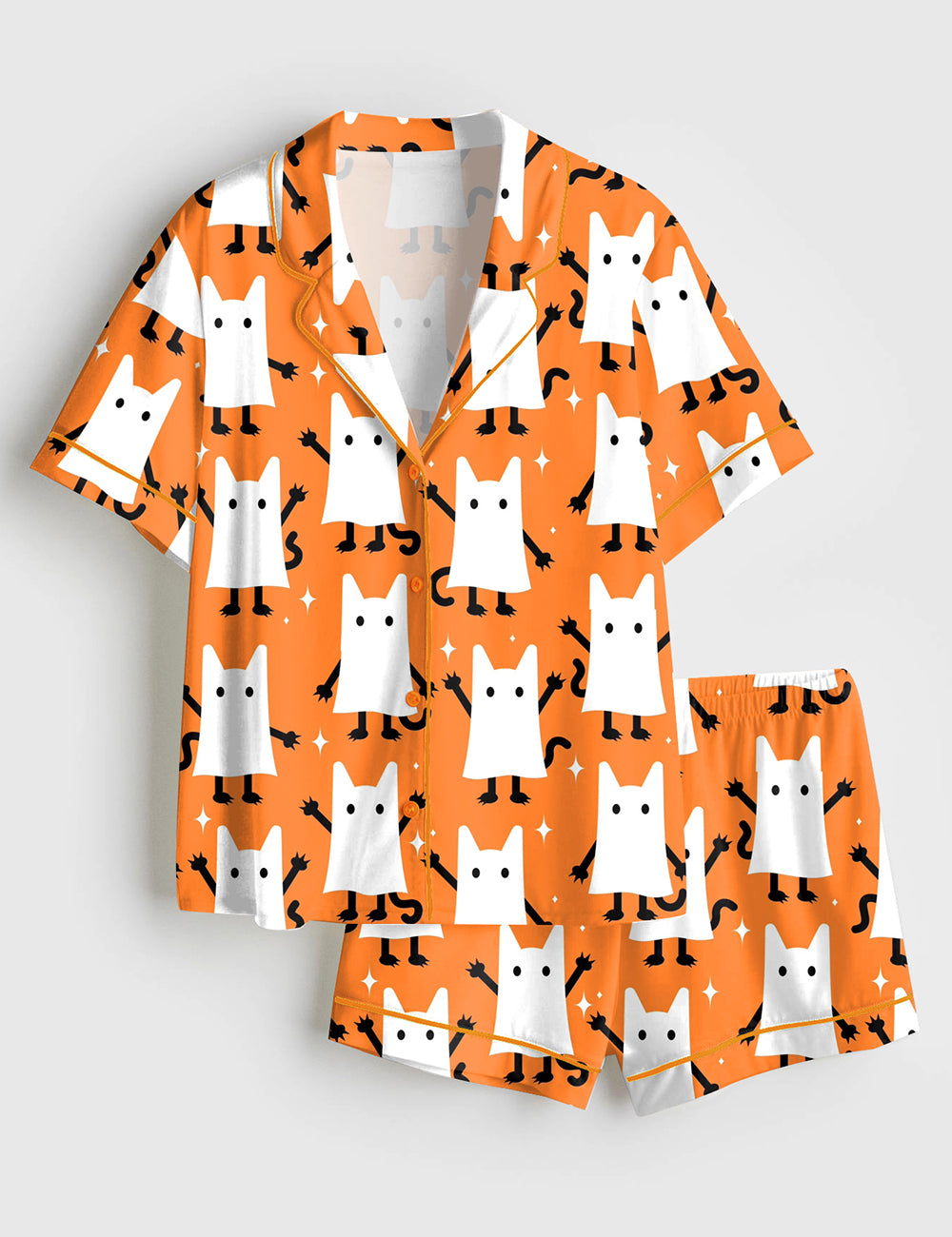 Women’s Halloween Ghost Kittens Cat Short Sleeve Satin Pajama Set