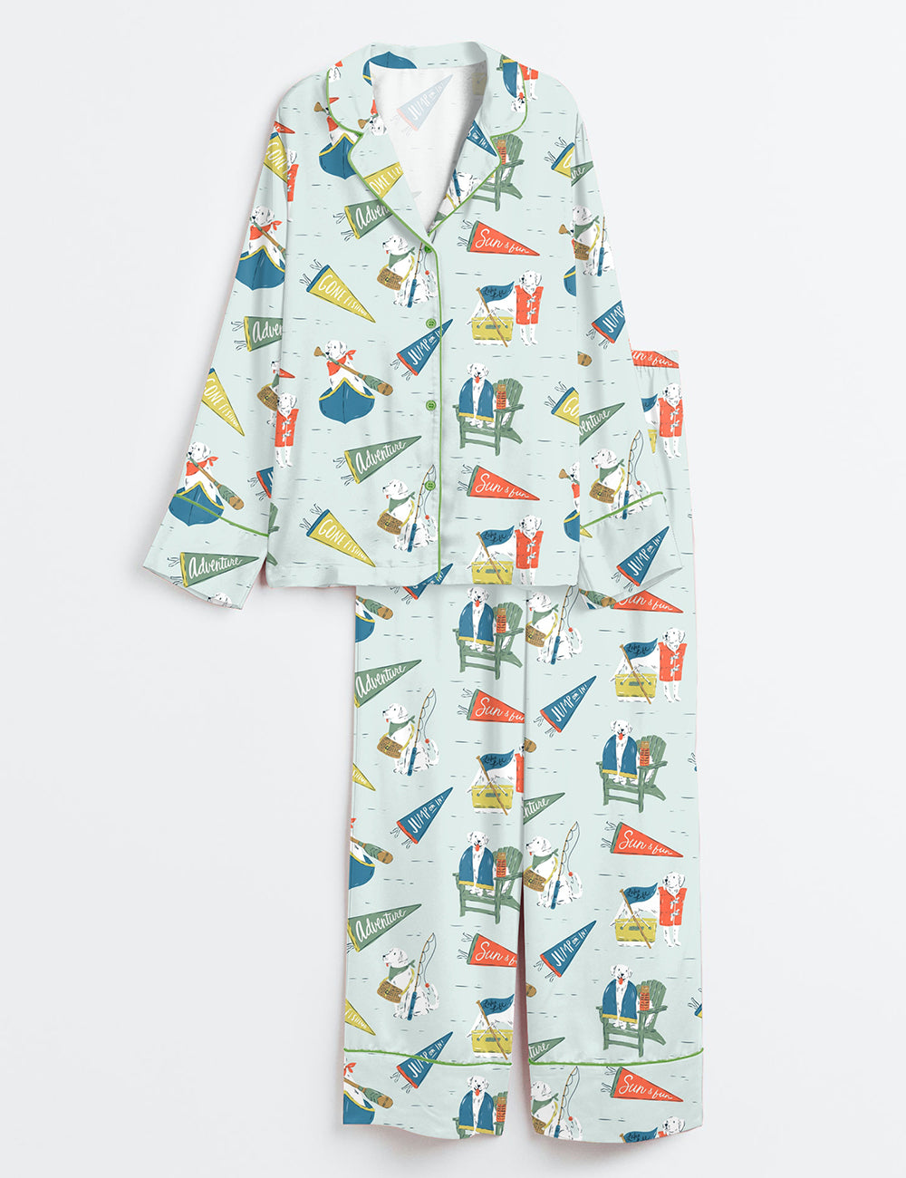 Women’s Lake Life Dog Art Lakeside Summer Art Lake House Fishing Camp Canoeing Long Sleeve Satin Pajama Set