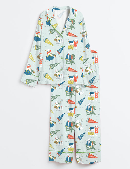 Women’s Lake Life Dog Art Lakeside Summer Art Lake House Fishing Camp Canoeing Long Sleeve Satin Pajama Set