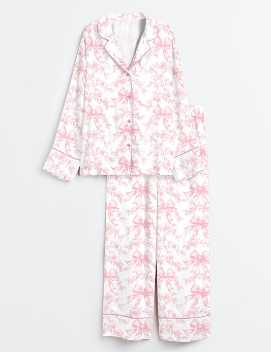 Women’s Vintage Pink Toile Coquette Floral Long Sleeve Satin Pajama Set
