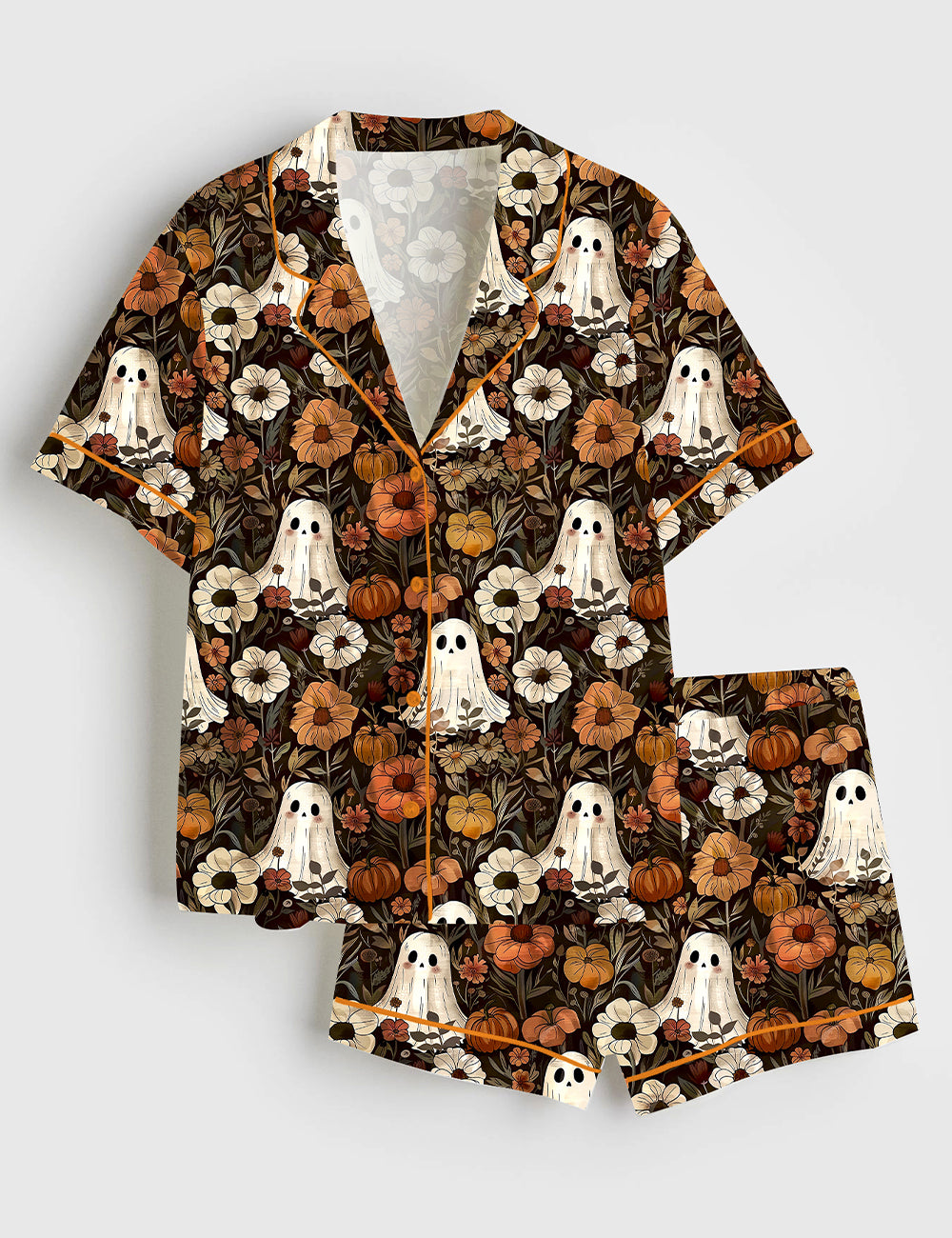 Women’s Cute Ghosts And Pumpkins Halloween Short Sleeve Satin Pajama Set