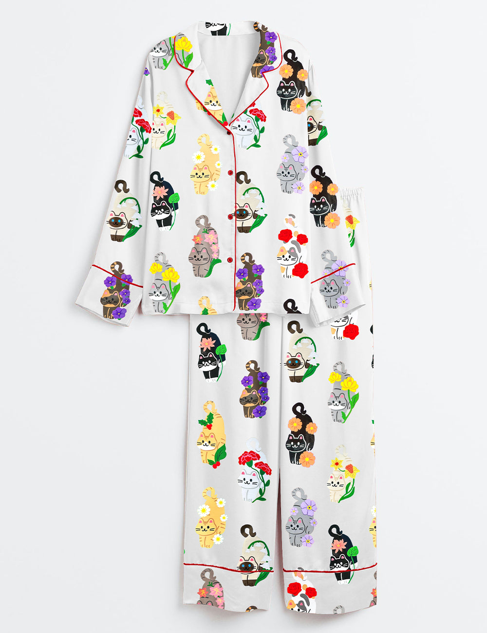 Women’s Birth Months Flower Cats Cute Cat Lover Print Long Sleeve Satin Pajama Set