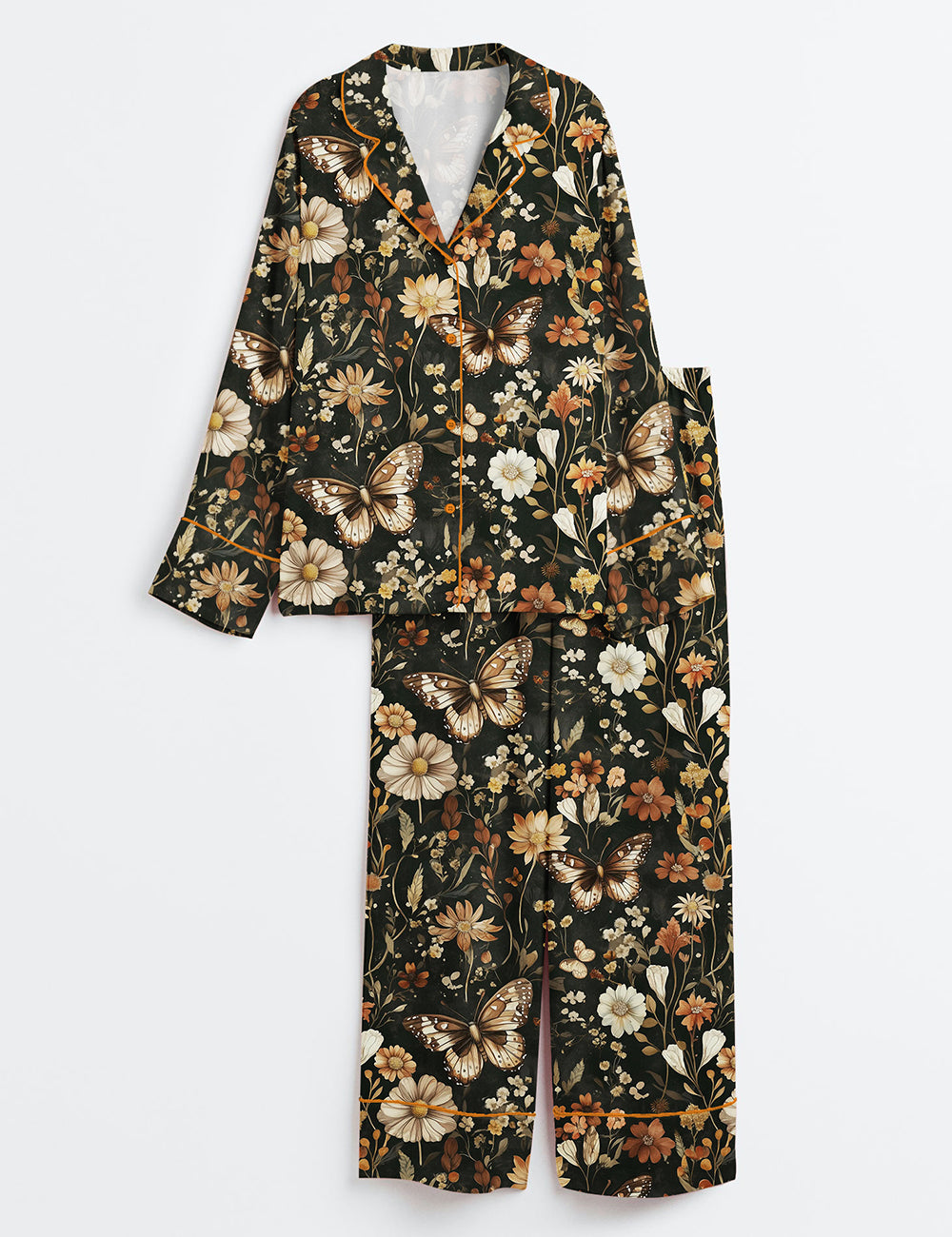 Women’s Dark Fall Floral Autumn Butterfly Night Garden Long Sleeve Satin Pajama Set