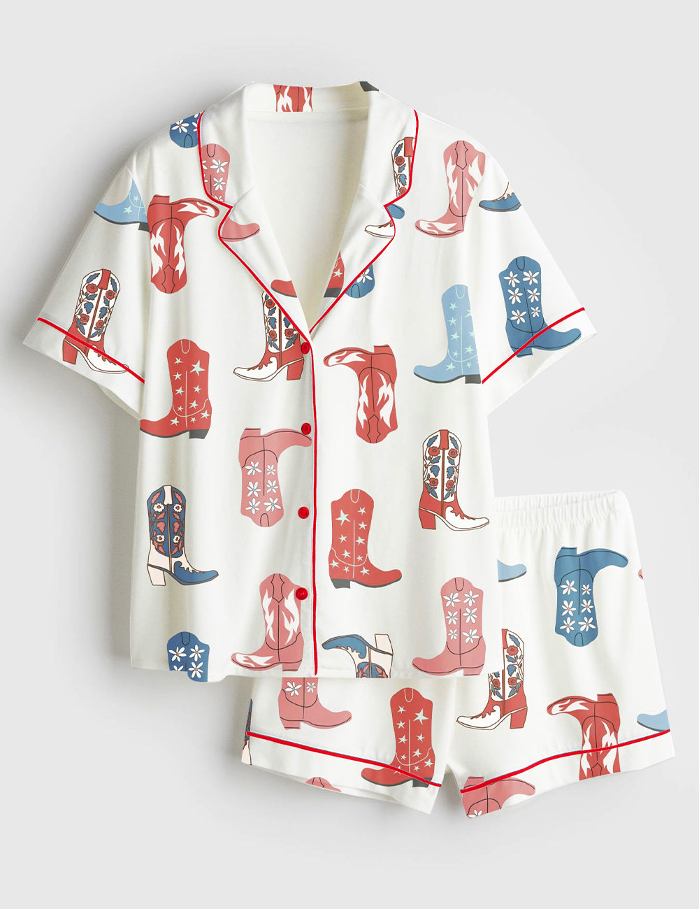 Women’s 4th Of July Western Cowgirl Boots Short Sleeve Satin Pajama Set