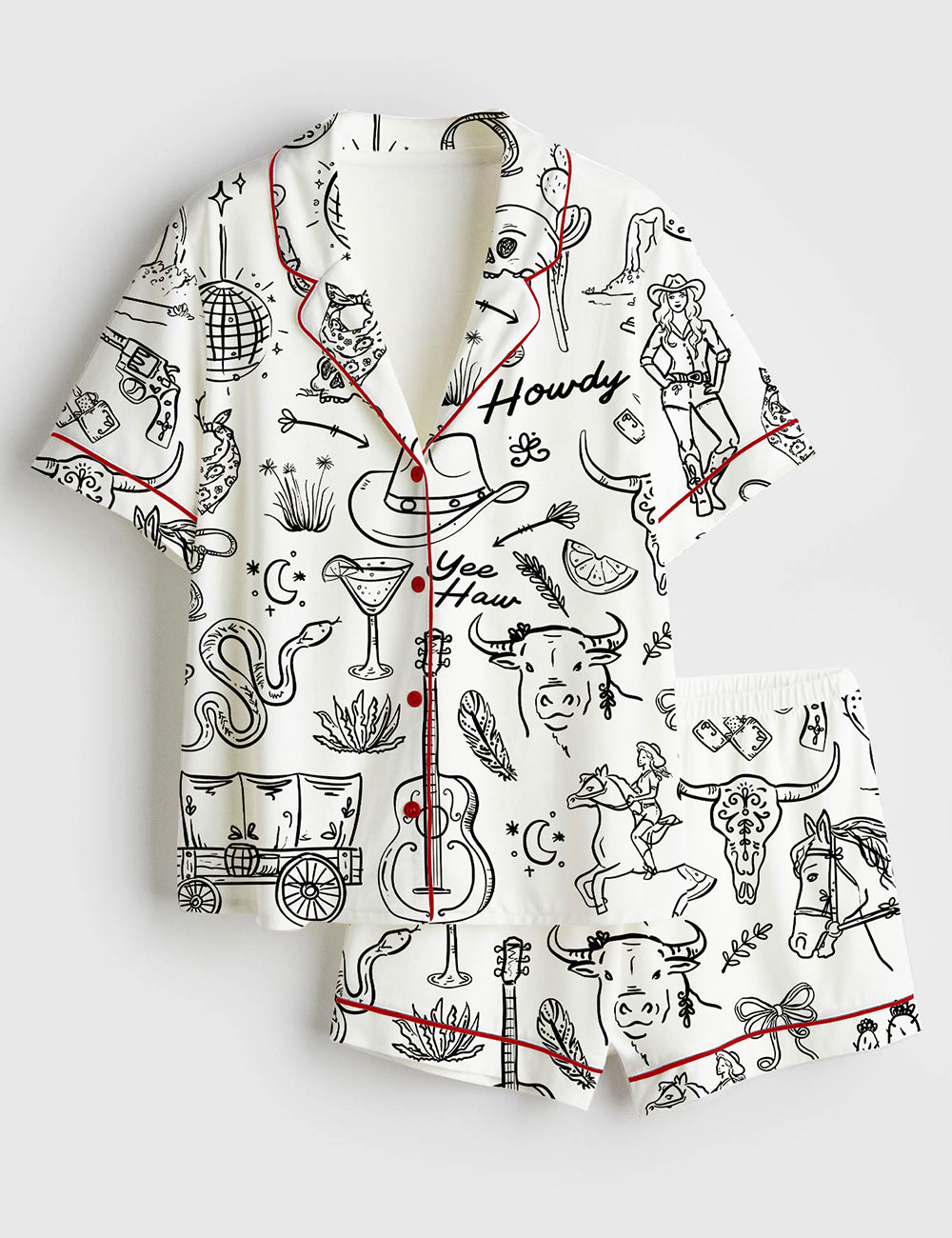 Women’s Cowgirl Whimsical Style Hand Drawn Western Bachelorette Party Short Sleeve Satin Pajama Set