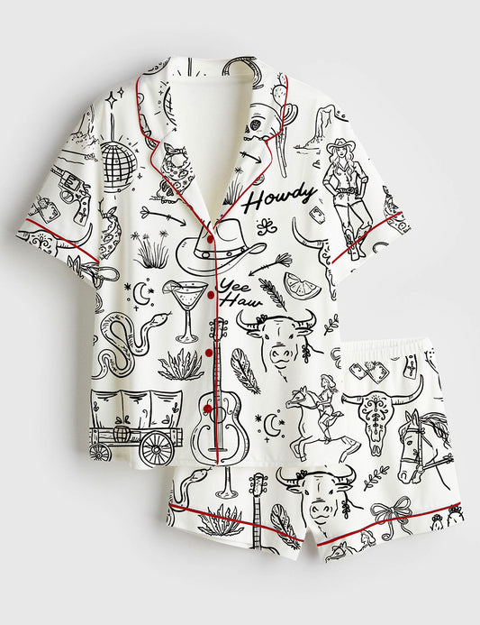 Women’s Cowgirl Whimsical Style Hand Drawn Western Bachelorette Party Short Sleeve Satin Pajama Set