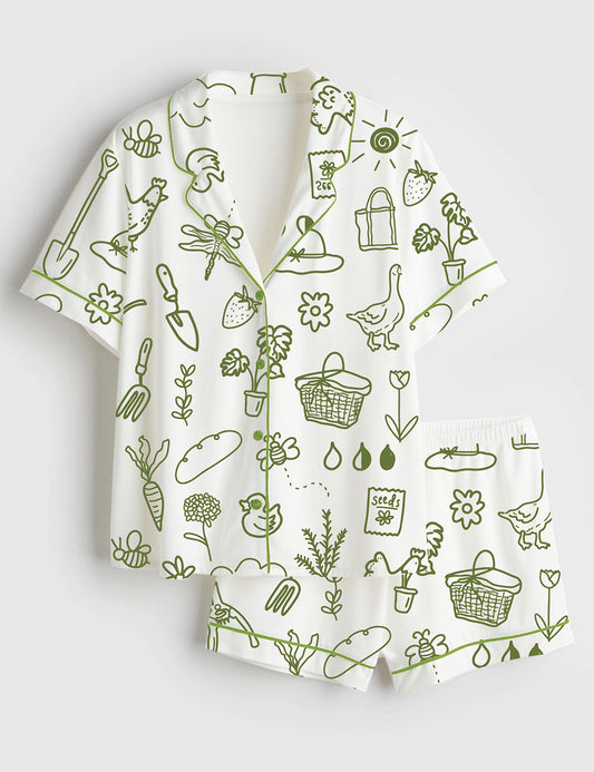 Women’s Garden Cottage Cottagecore Gardening Floral Bees Tools Animals Plant Flowers Trees Short Sleeve Satin Pajama Set