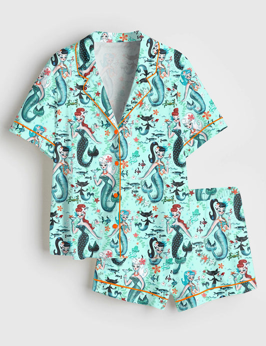 Women’s Aqua Retro Mermaids Teal Pinup Girls Martini Mermaids Short Sleeve Satin Pajama Set