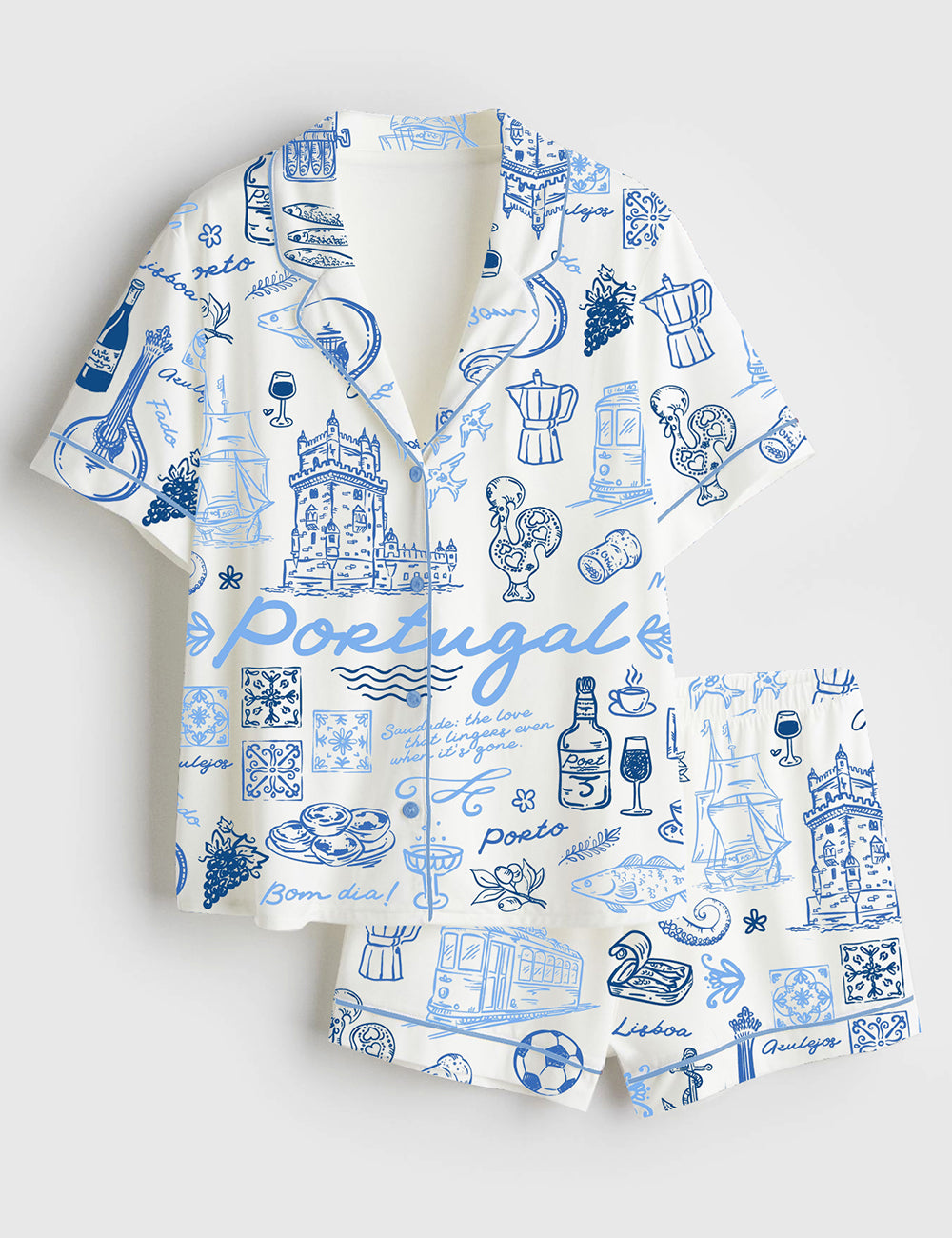 Women’s Portugal Whimsical Style Illustration Short Sleeve Satin Pajama Set