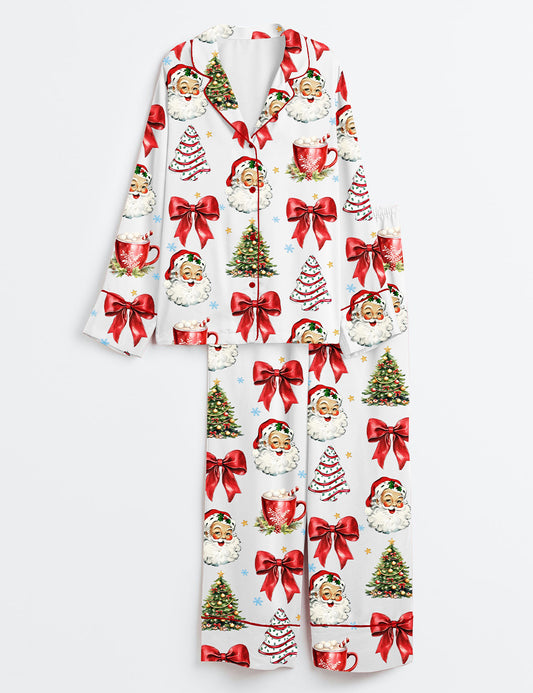 Women’s Coquette Christmas Retro Holidays Santa Hot Cocoa Candy Cane Tree Cake Long Sleeve Satin Pajama Set