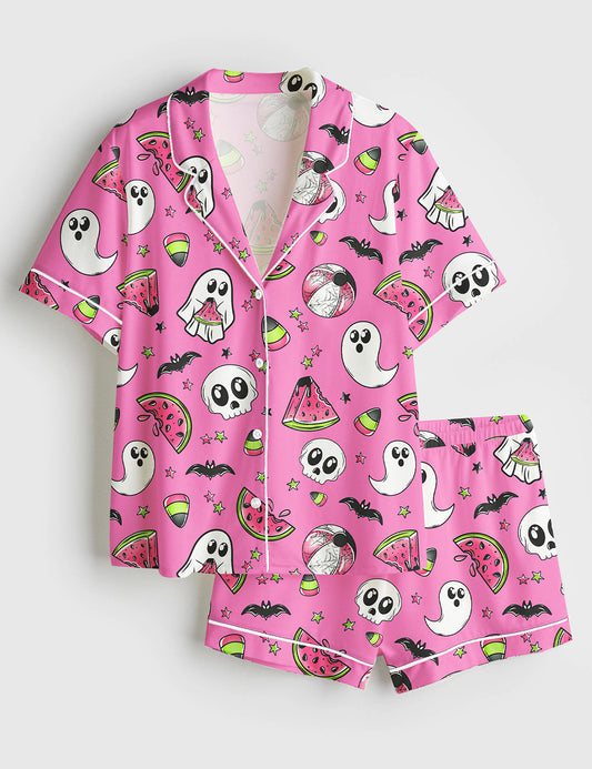 Women’s Summerween Watermelon Ghost Halloween Short Sleeve Satin Pajama Set