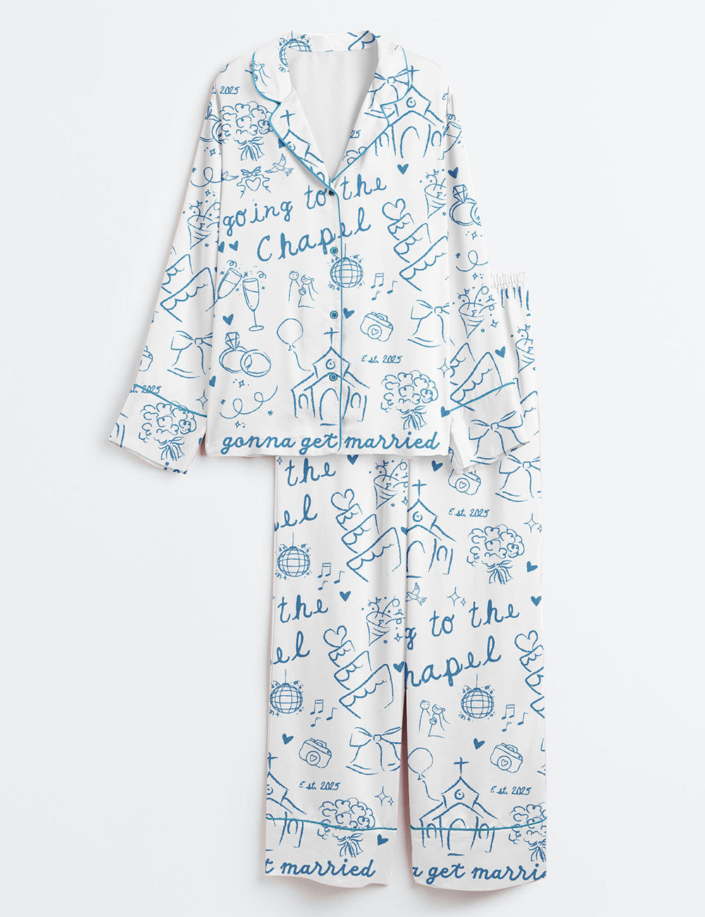 Women’s Going To The Chapel Gonna Get Married Bachelorette Bride Wedding Art Print Long Sleeve Satin Pajama Set