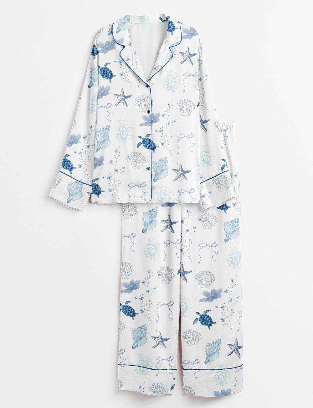 Women’s Summer Beach Ocean Coastal Summer Nautical Turtle Conch Bow Long Sleeve Satin Pajama Set