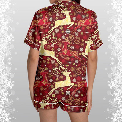 Pajamas for Women Set Ladies Christmas Checkered Printed Silk Satin Short Sleeve Button Red Women's Sleepwear M
