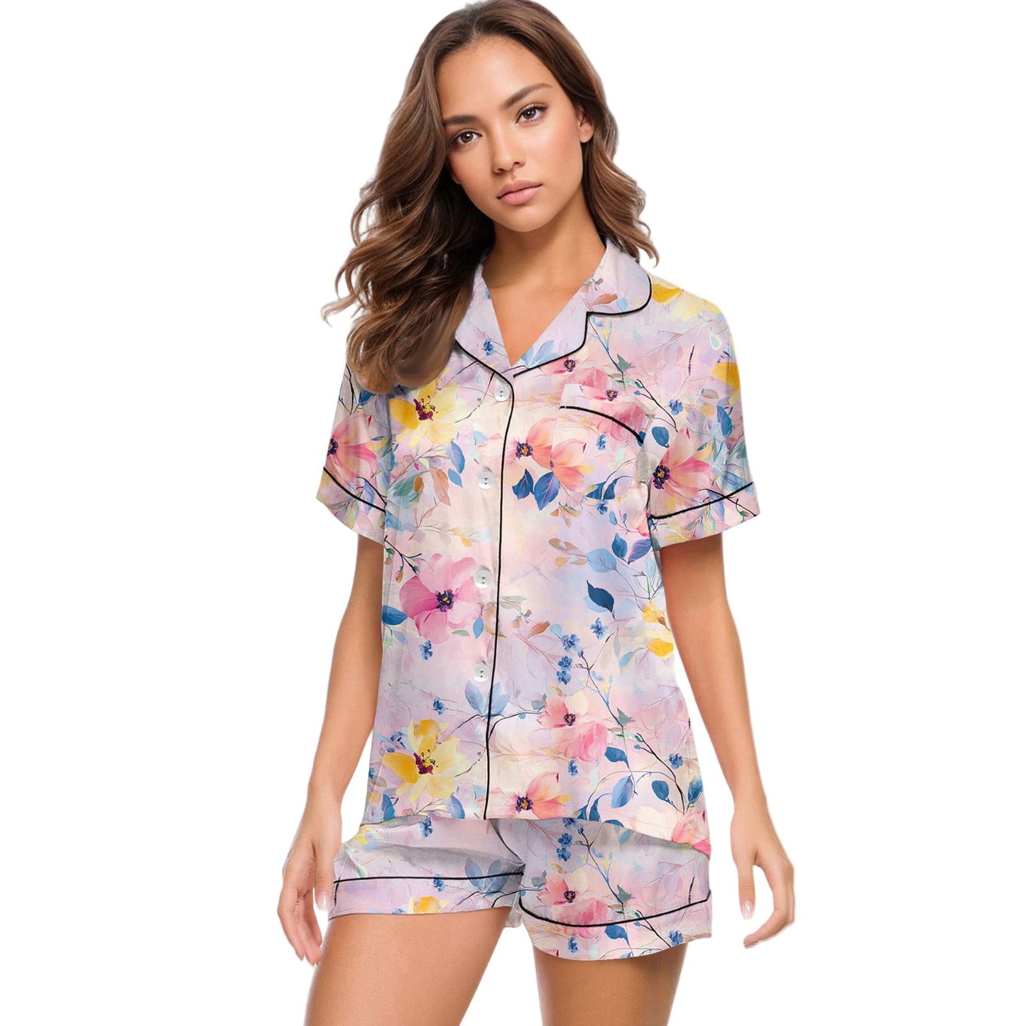JULMCOMO Pj Sets for Woman Comfy Satin Silk Short Sleeve Sleepwear Button Up Lounge Sets Cute floral print 2 Piece Pjs Shorts Set Blue 2XL