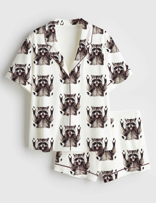 Women's Unhinged and Feral Racoon Short Sleeve Satin Pajama Set