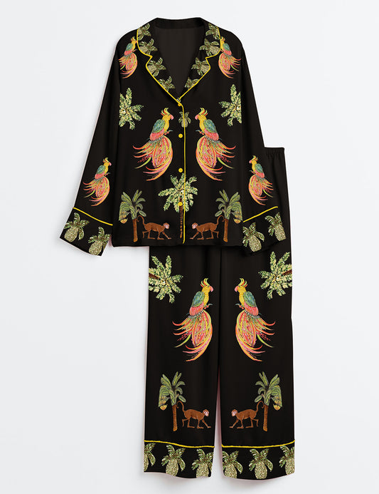 Women’s Coconut Tree Peacock Monkey Plant Long Sleeve Satin Pajama Set