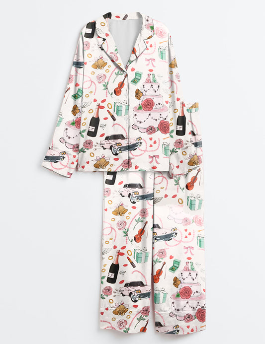 Women’s Whimsical Wedding Long Sleeve Satin Pajama Set