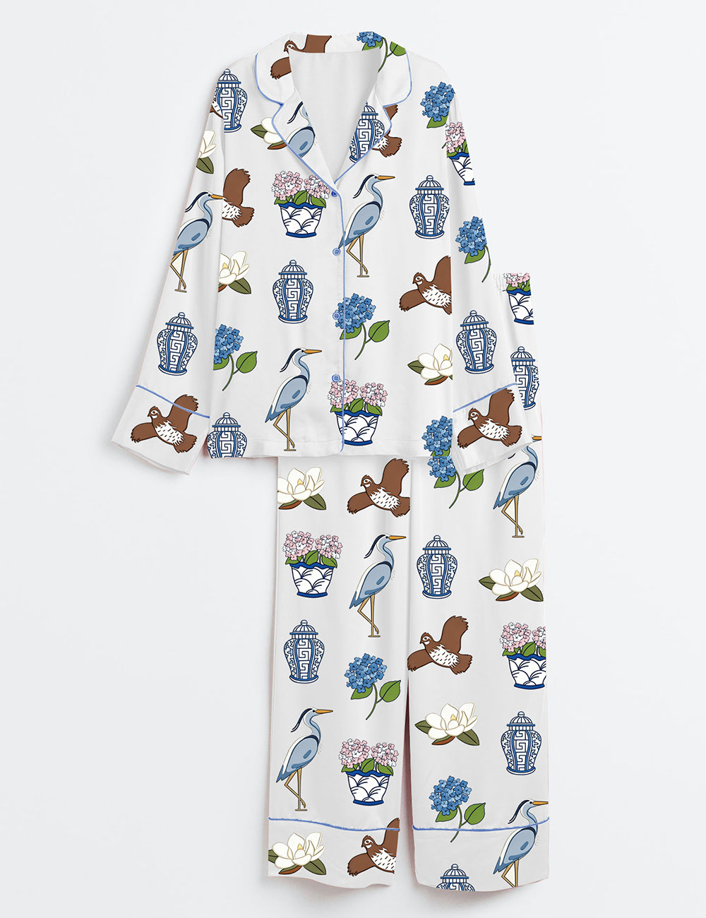 Women’s Southern Charm Hydrangeas Ginger Jar Quail Magnolia Print Long Sleeve Satin Pajama Set