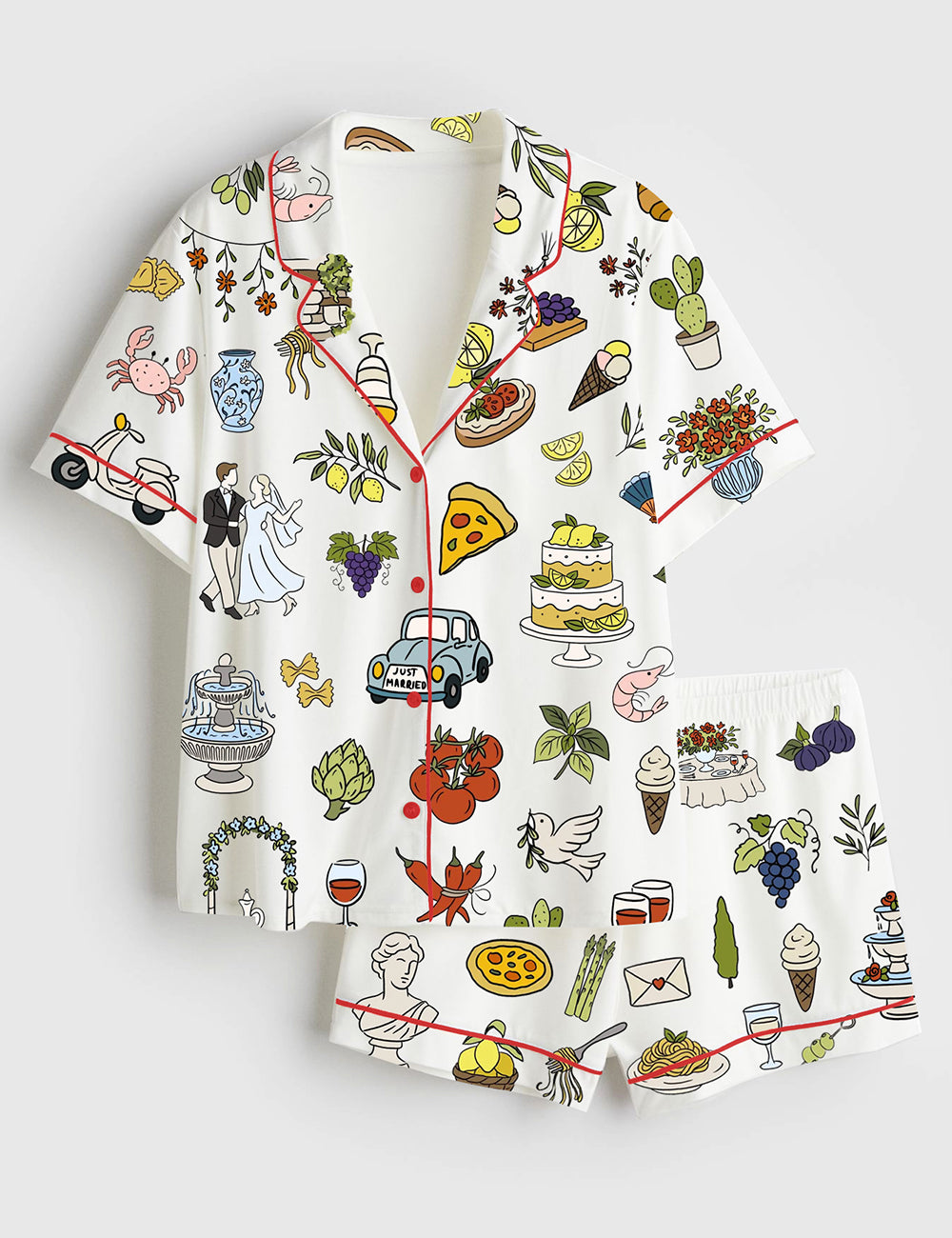 Women’s Italian Wedding Whimsical Tuscany La Dolce Vita Wedding Colorful Italy Wedding Short Sleeve Satin Pajama Set