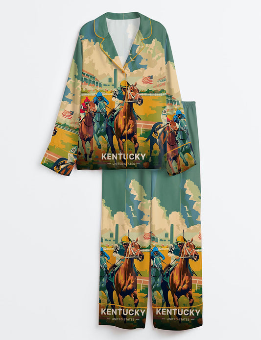 Women’s Kentucky Derby Travel 151st Run For The Roses Print Long Sleeve Satin Pajama Set