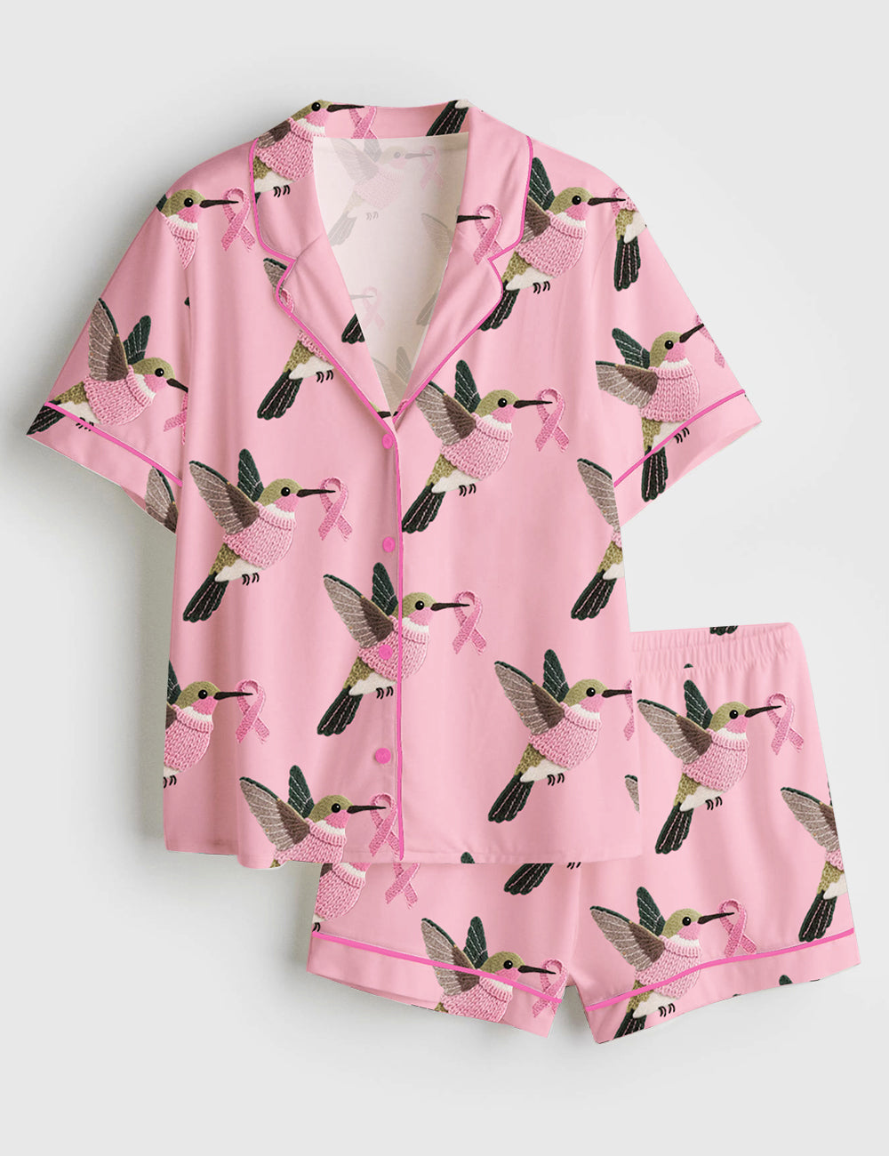 Women’s Bird In Pink Clothes Breast Cancer Awareness Short Sleeve Satin Pajama Set