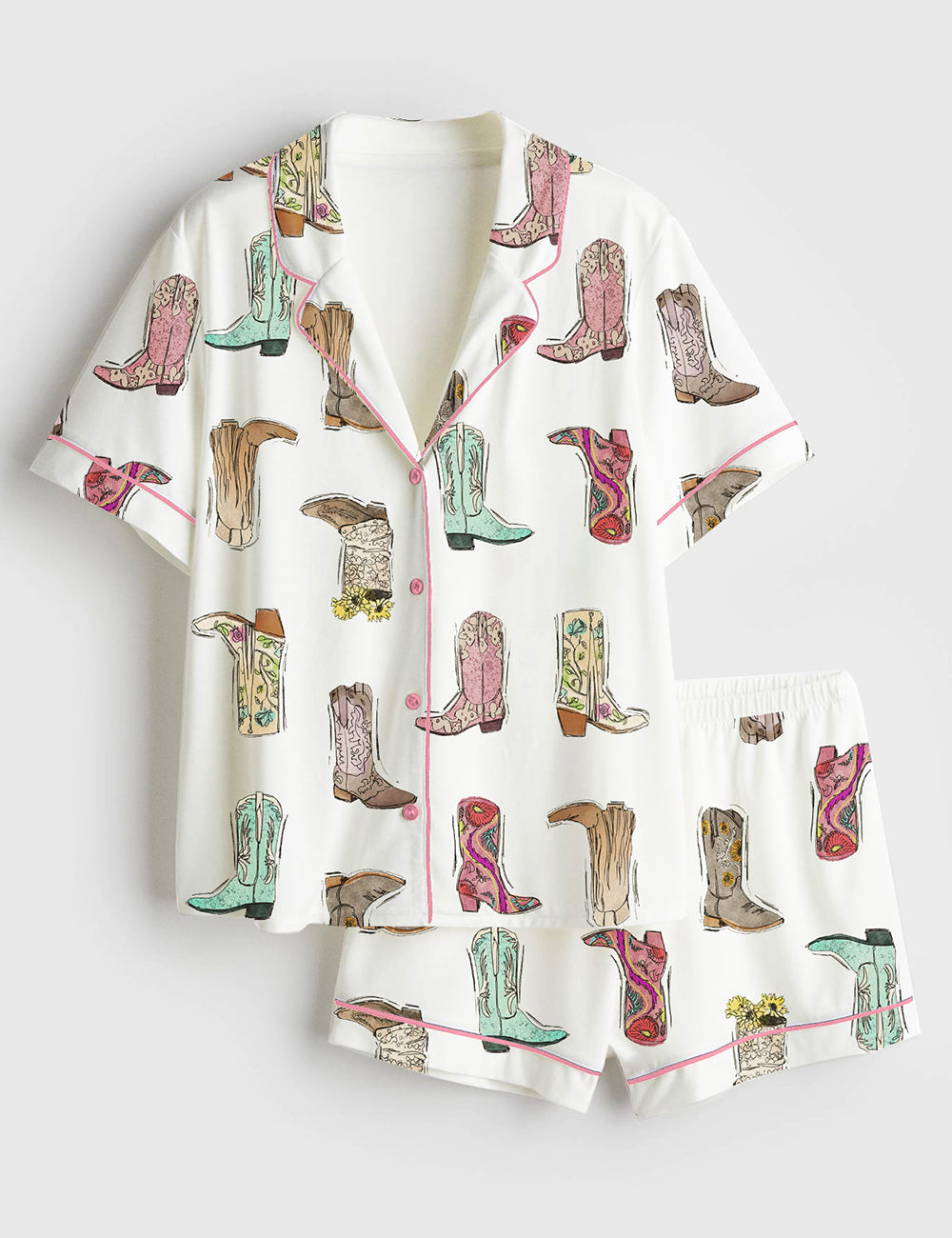 Women’s Retro Western Boots Cowgirl Print Short Sleeve Satin Pajama Set