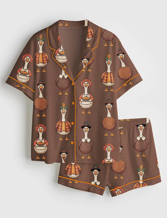 Women’s Just A Thankful Goose Match Thanksgiving Short Sleeve Satin Pajama Set