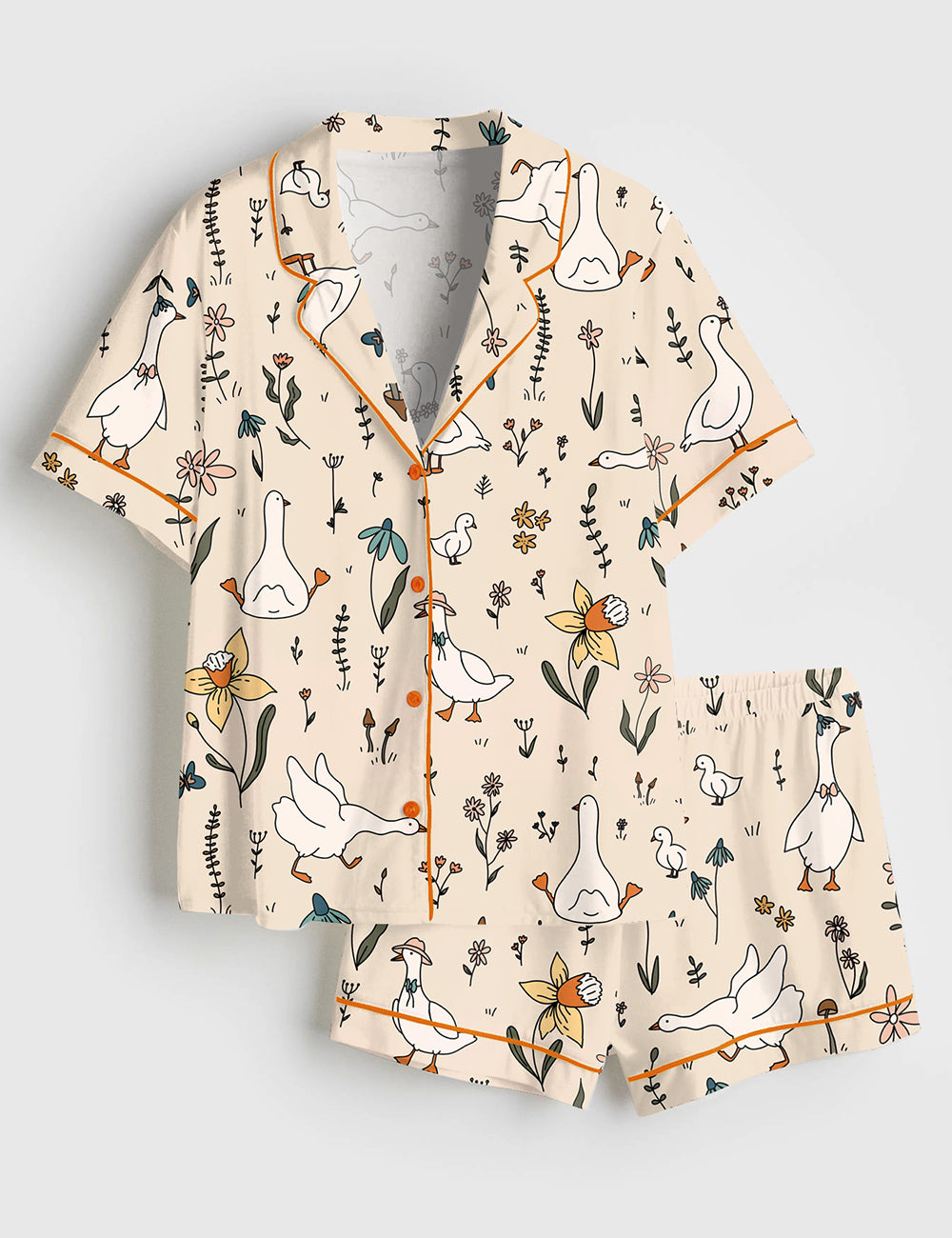 Women’s Silly Goose Hand Drawn Art Geese Farm Cute Animal Print Short Sleeve Satin Pajama Set