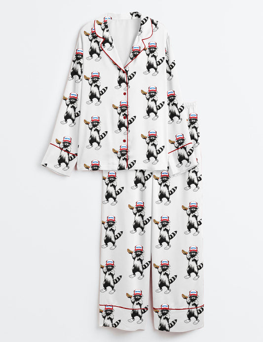 Women’s Red White And Feral Funny Raccoon 4th Of July Long Sleeve Satin Pajama Set