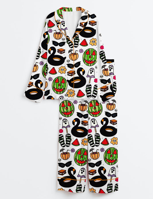 Men’s Summerween Halloween Ghost Slasher Scary Jack O Melon Swan Pool Float Print Long Sleeve Satin Pajama Set