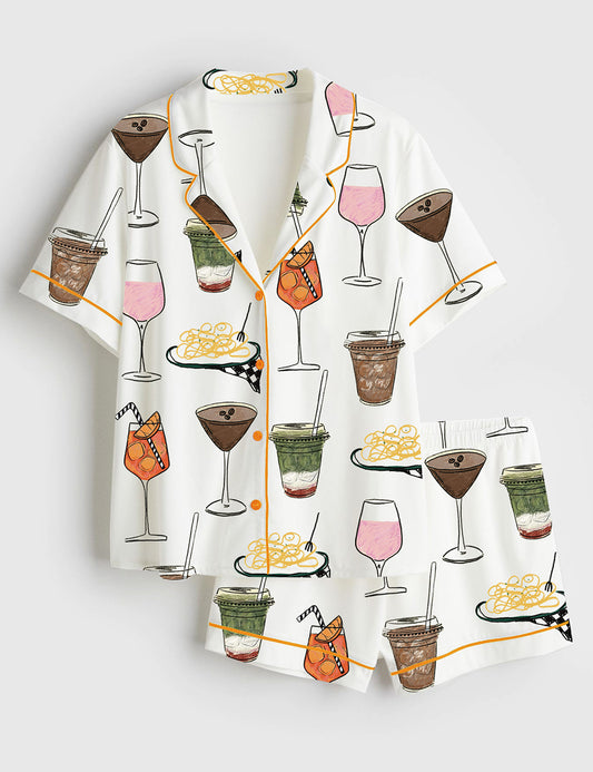 Women’s Martini Coffee Julep Cocktail Margarita Margs and Matrimony Spaghetti Bachelorette Wedding Drinks Short Sleeve Satin Pajama Set