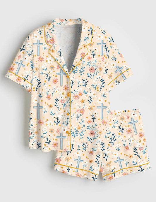 Women’s Cute Christian Cross Background Pattern Short Sleeve Satin Pajama Set