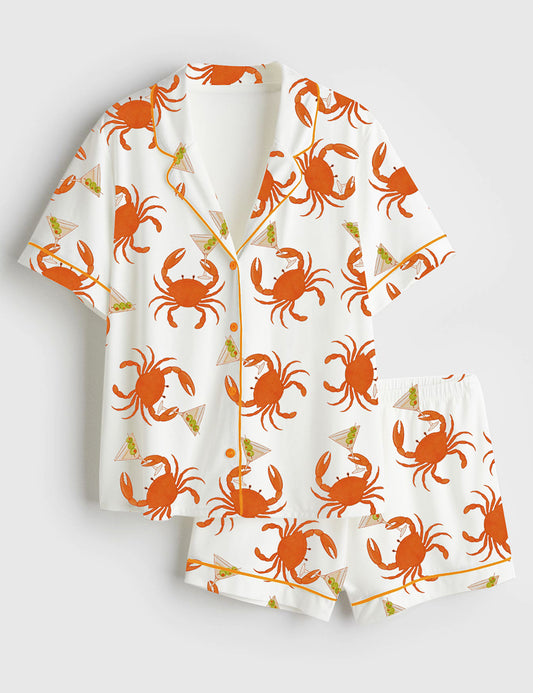 Women’s Crab Dirty Martini Fisherman Aesthetic Coastal Aesthetic Olive Martini Ocean Print Short Sleeve Satin Pajama Set