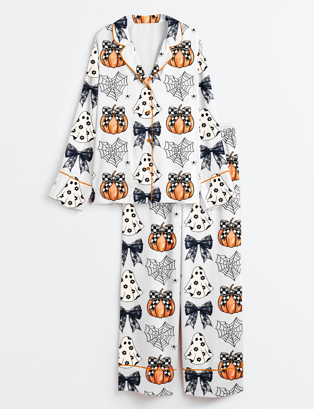 Women’s Cute Ghosts Pumpkins Spiderwebs Coquette Bows Halloween Long Sleeve Satin Pajama Set